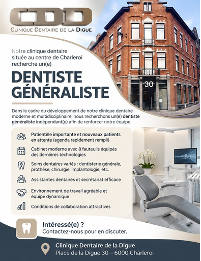 🦷 La Clinique Dentaire de la Digue à Charleroi recherche un(e) dentiste généraliste indépendant(e) !